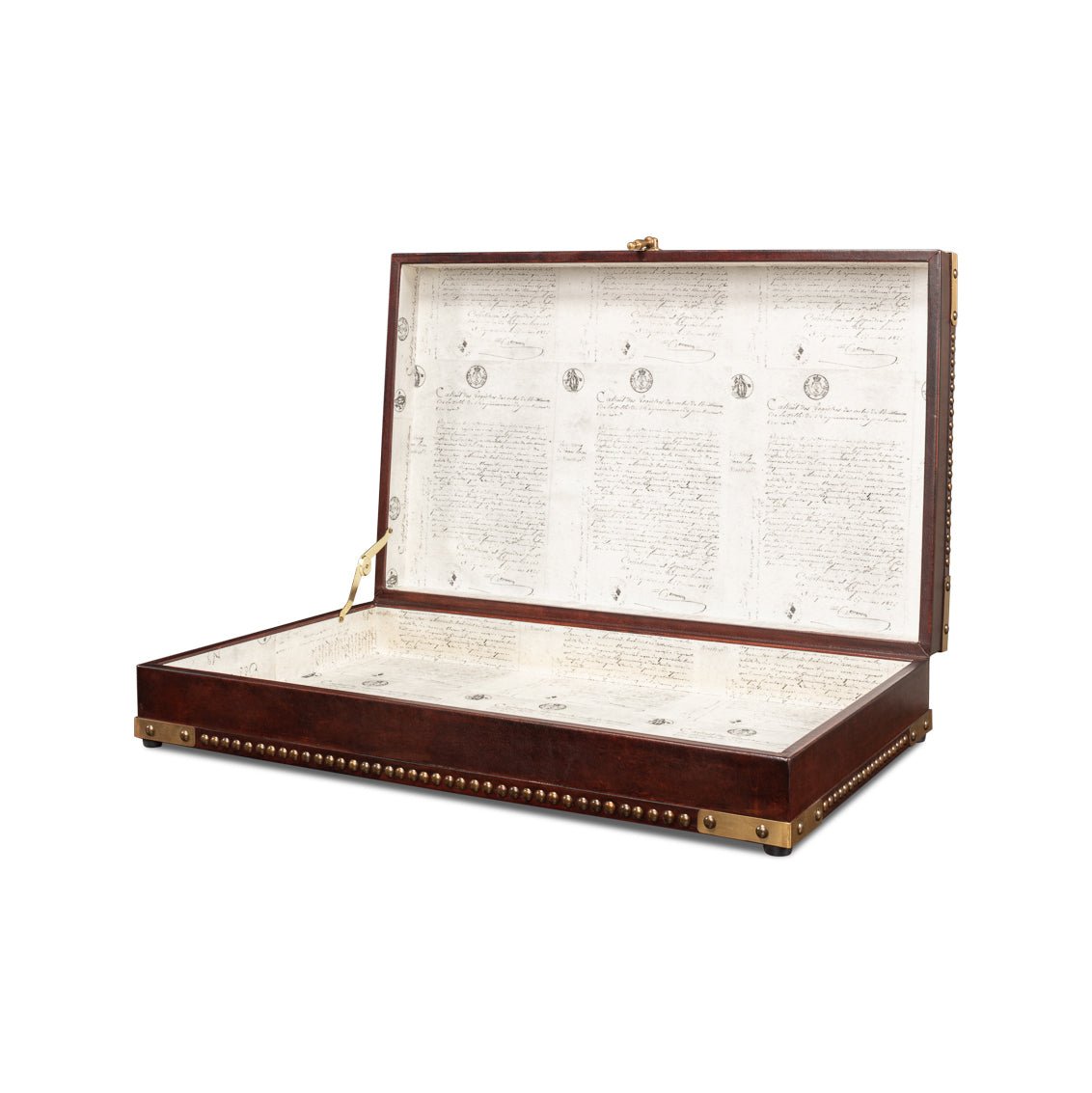 Campaign style leather box, open, side perspective.