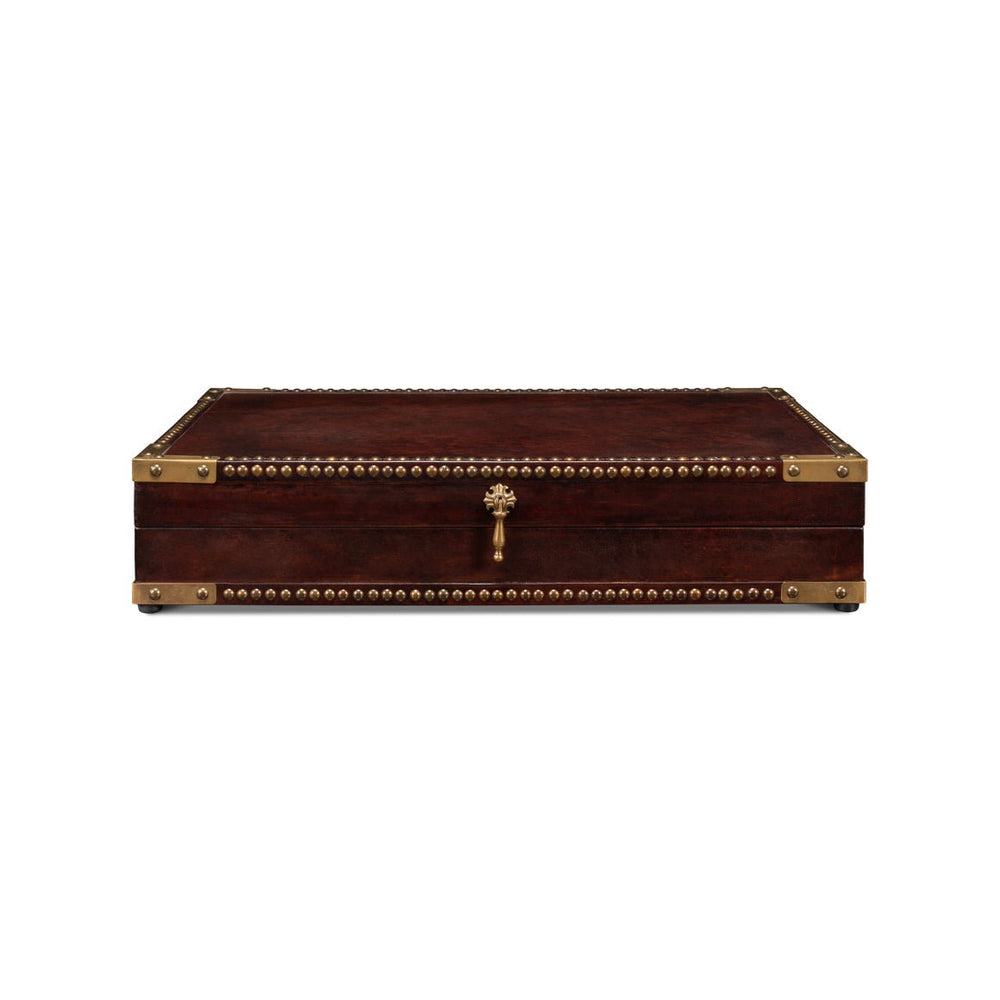 Closed campaign style leather box, front view.