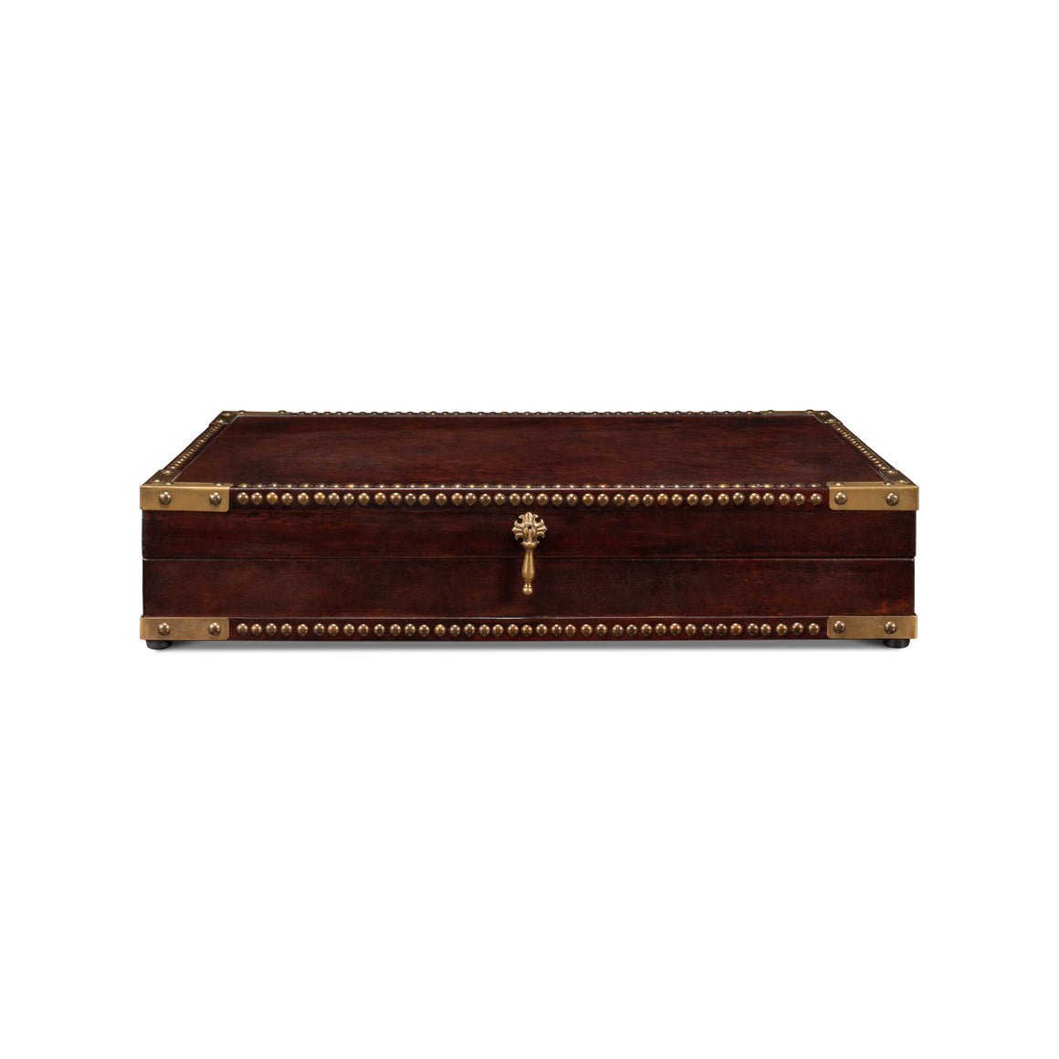 Closed campaign style leather box, front view.