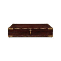 Closed campaign style leather box, front view.