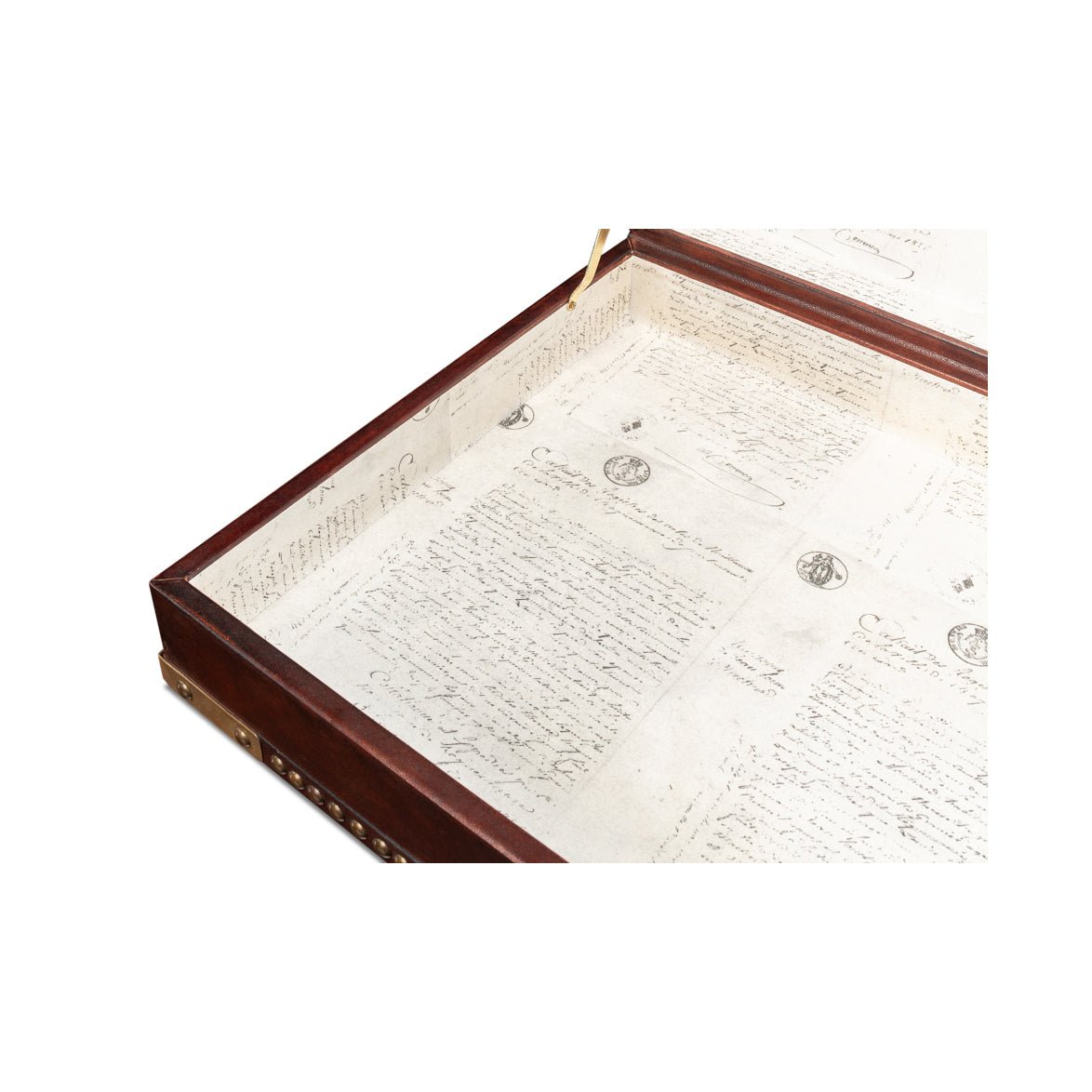 Inside view of campaign style leather box lining.