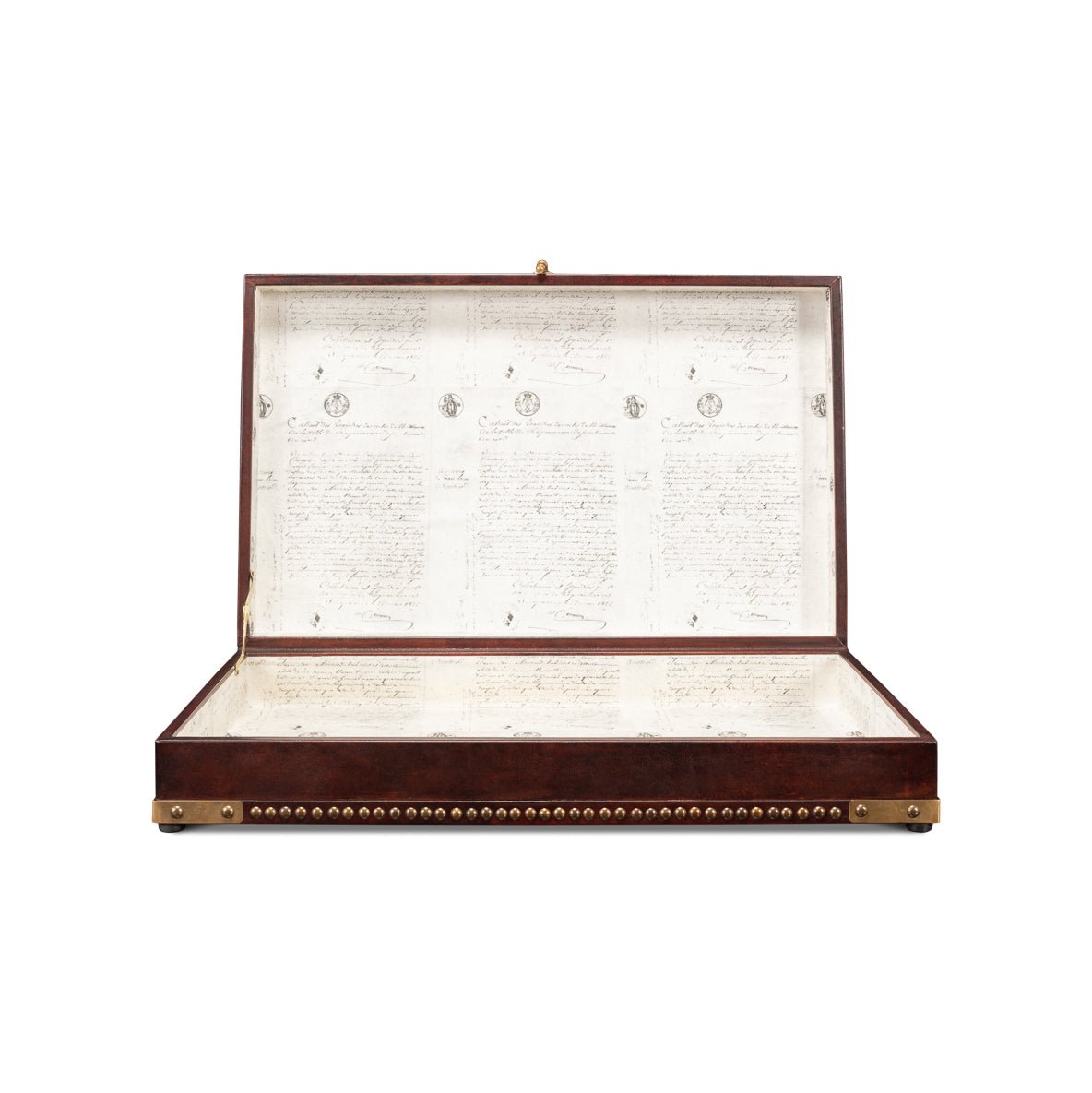 Open campaign style leather box, interior view.