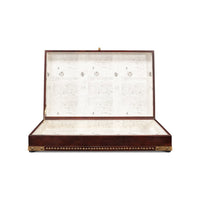 Open campaign style leather box, interior view.