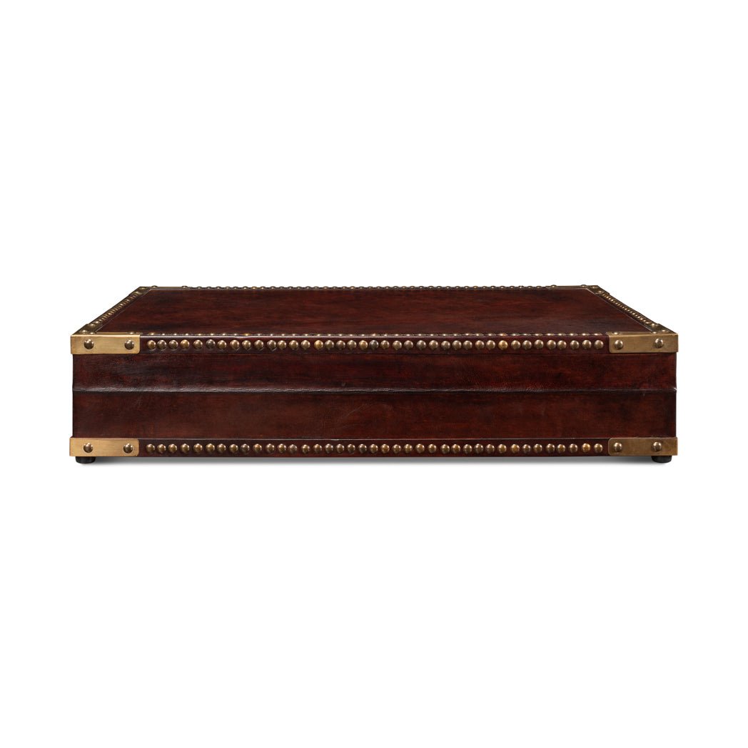 Campaign style leather box, closed, side view.
