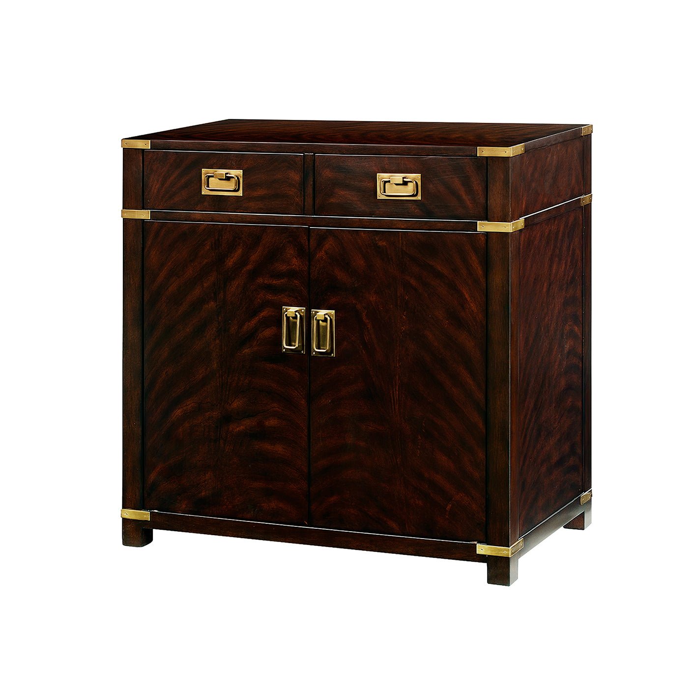 Front view of campaign style mahogany cabinet with drawers.