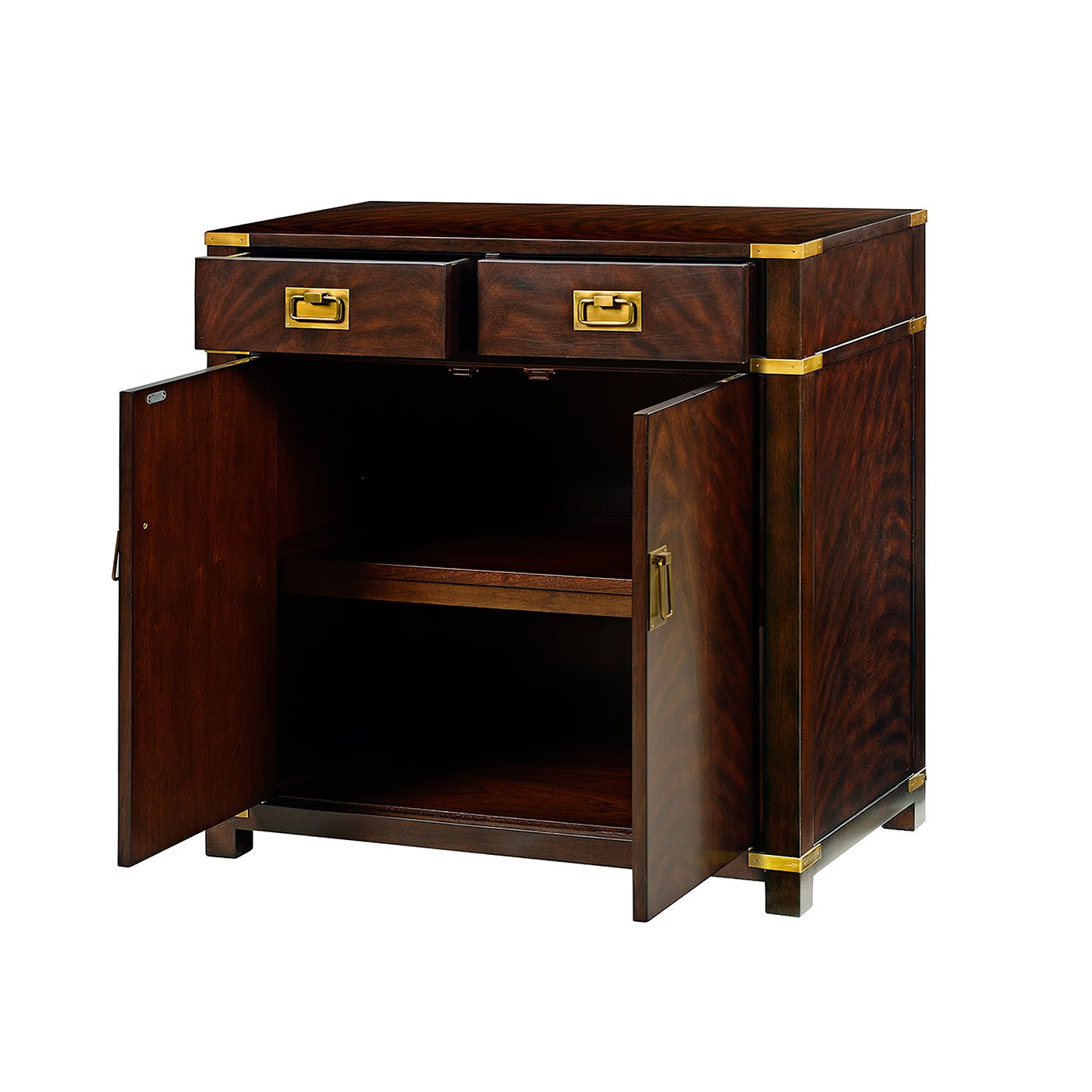Open campaign style mahogany cabinet showing interior shelving.