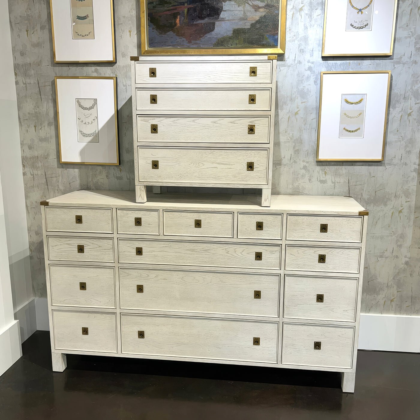 Campaign style white oak dresser, showroom display with art.
