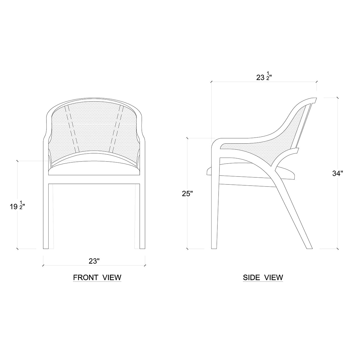 Dimensions of caned back dining chair in diagram.