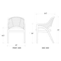 Dimensions of caned back dining chair in diagram.