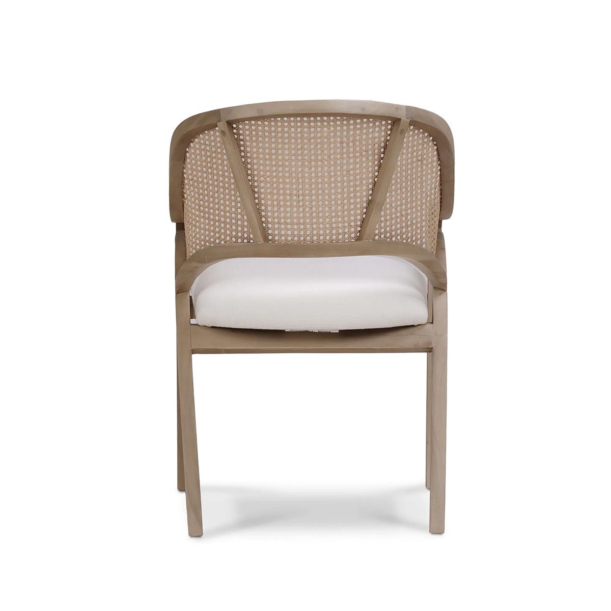 Back view of caned back dining chair.