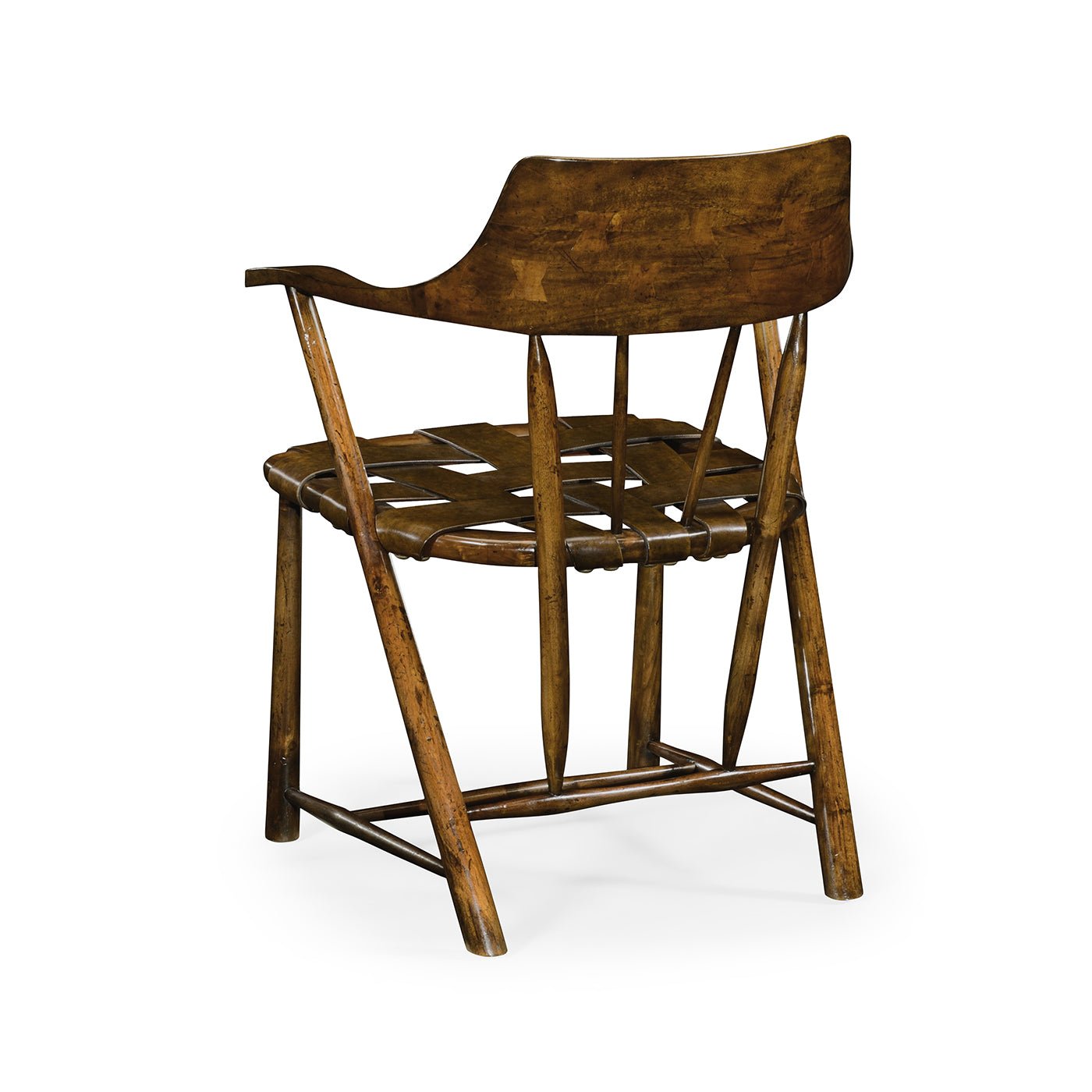 Back view of walnut Captain's Armchair with armrests.