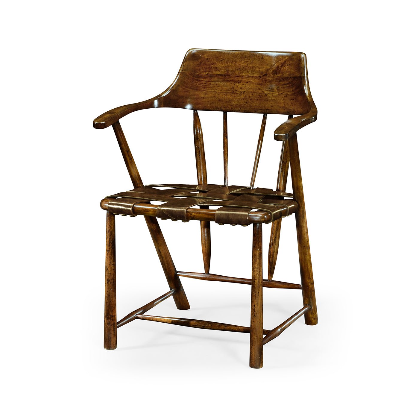 Walnut finish Captain's Armchair with armrests side view.