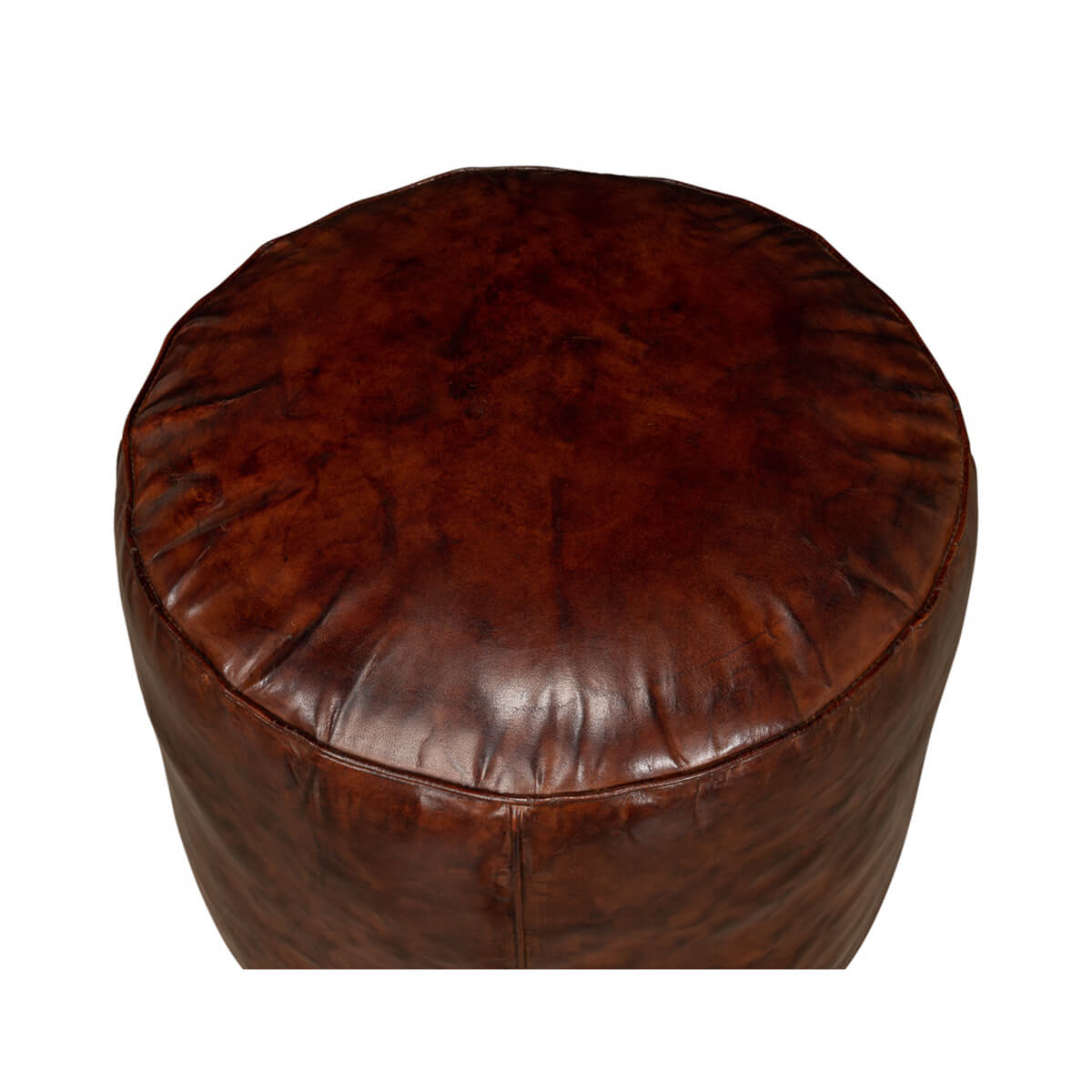 Overhead view of brown leather round stool.