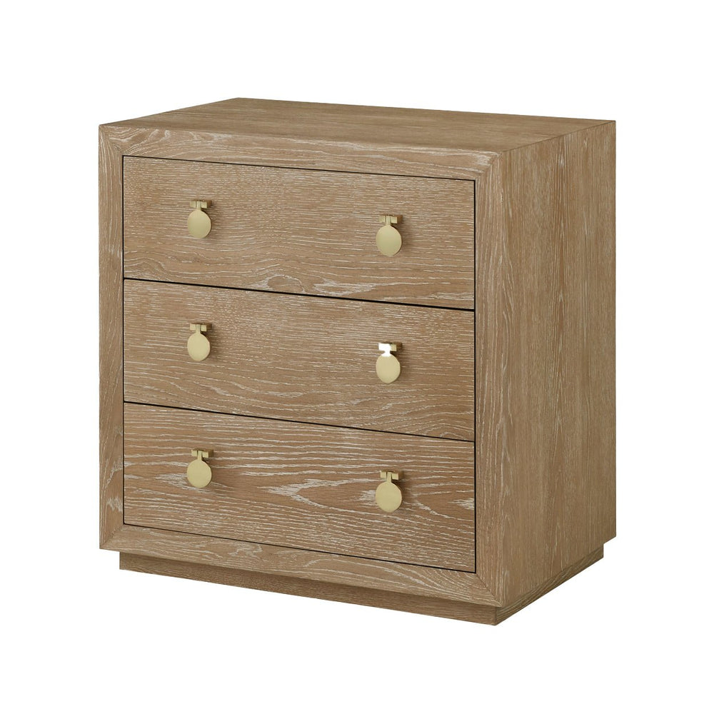 Cerused oak bedside chest with three drawers, front view.