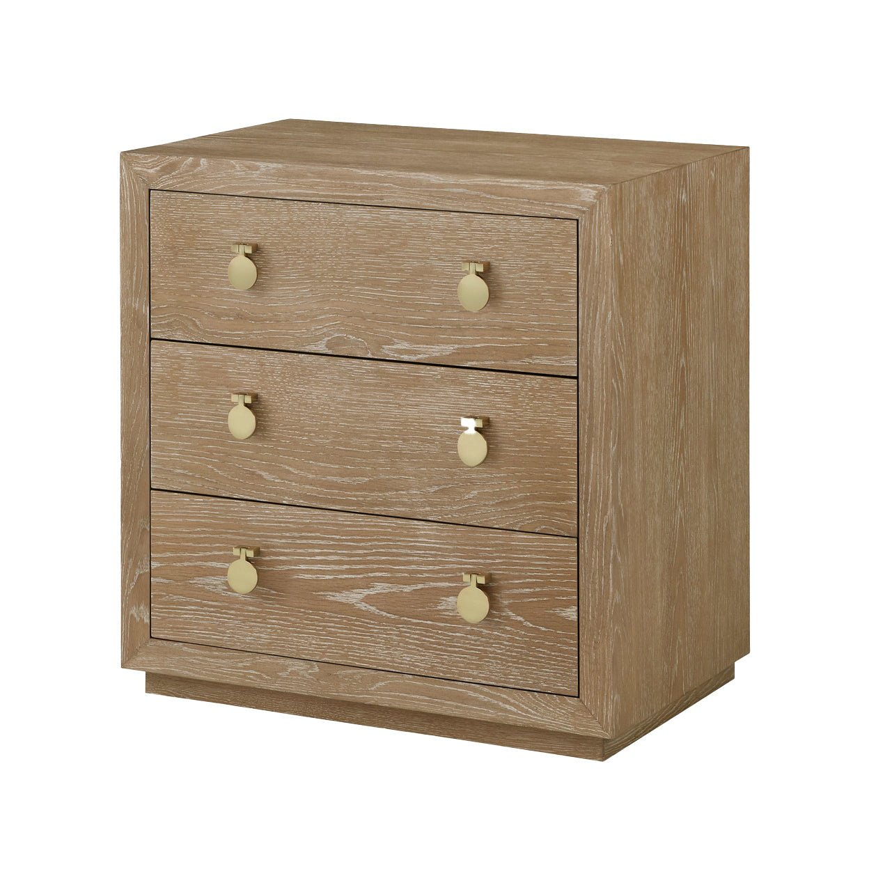 Cerused oak bedside chest with three drawers, front view.