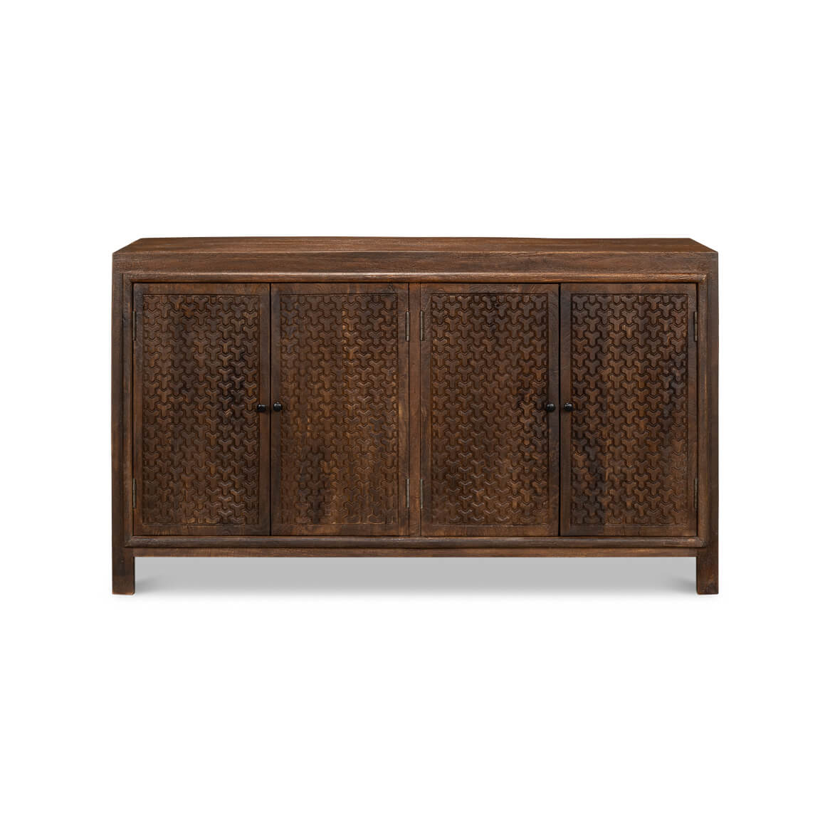 Front view of carved sideboard, chainmail pattern detail.