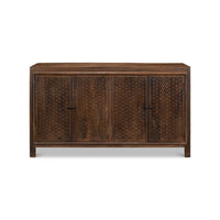 Front view of carved sideboard, chainmail pattern detail.