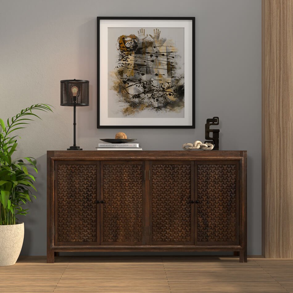 Sideboard in living room setting, decor items on top.