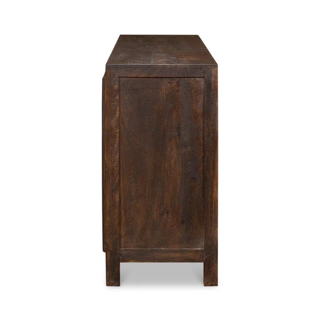 Side view of dark wood sideboard with solid construction.