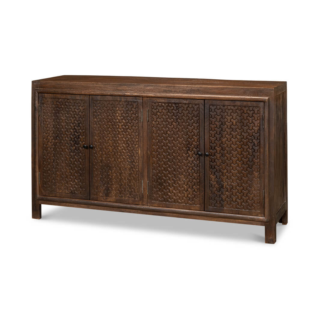 Dark wood sideboard with chainmail design, angled view.