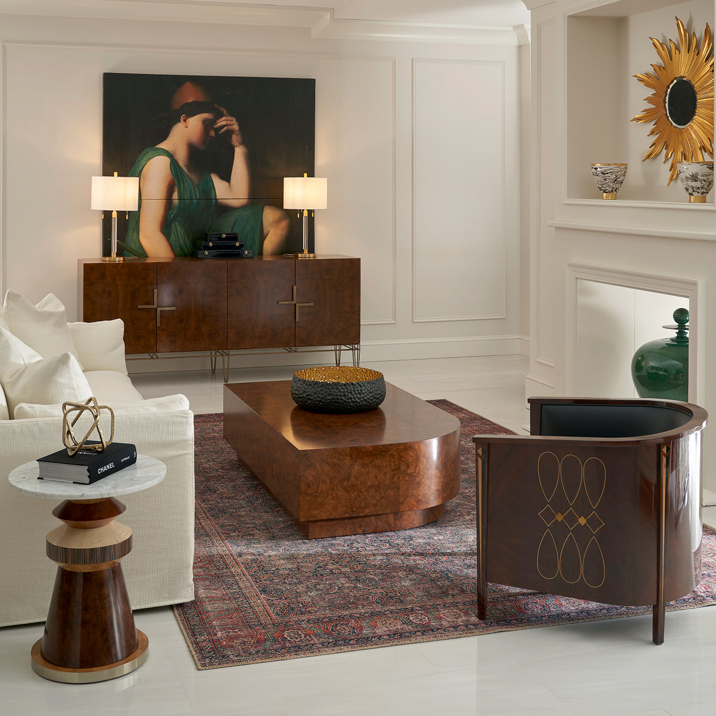 Art Deco chair in room setting, stylish decor elements.