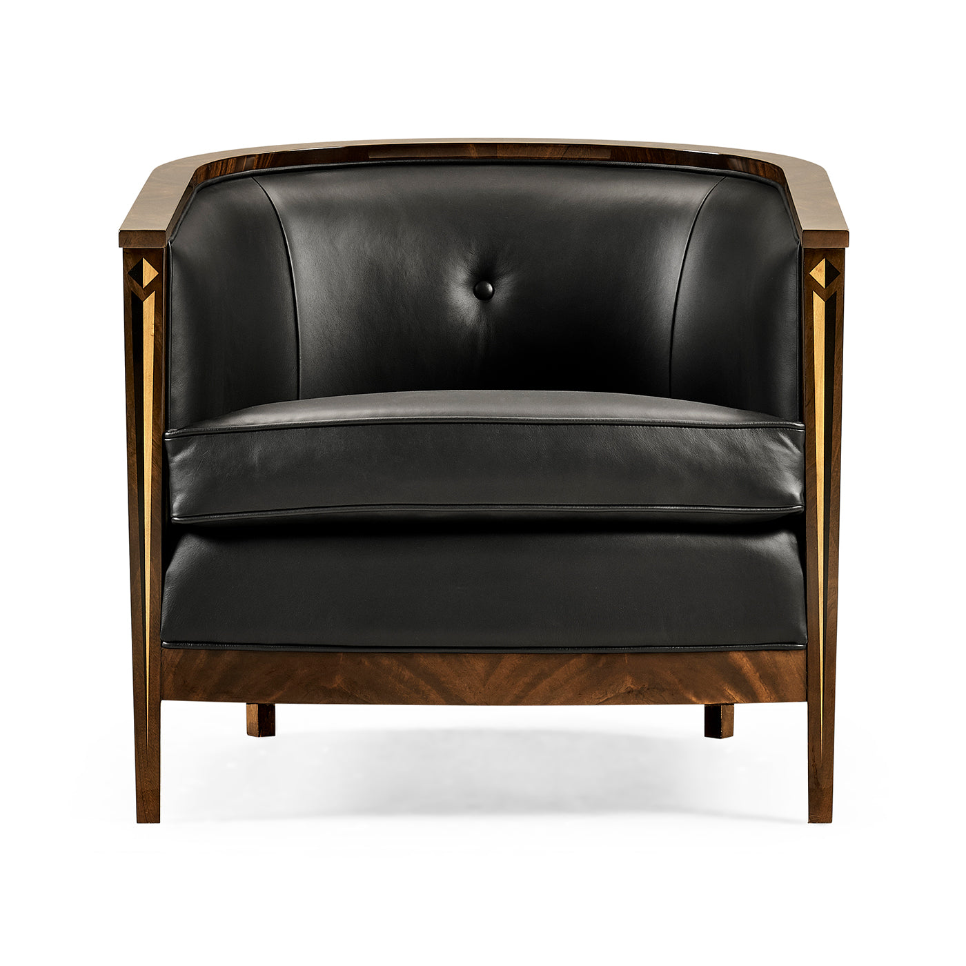 Art Deco tub chair straight front view, button detail.