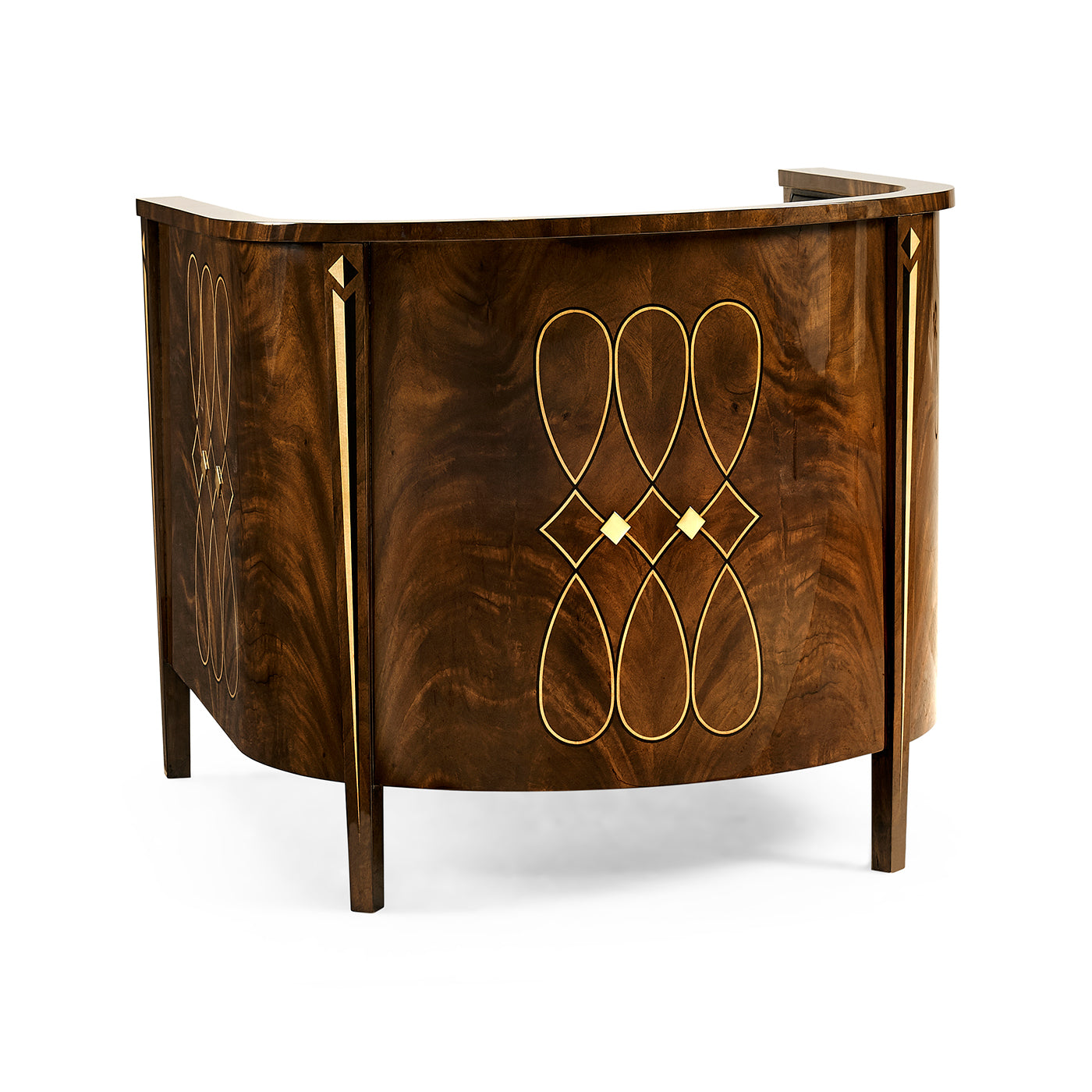 Art Deco tub chair back view, elegant wood design.