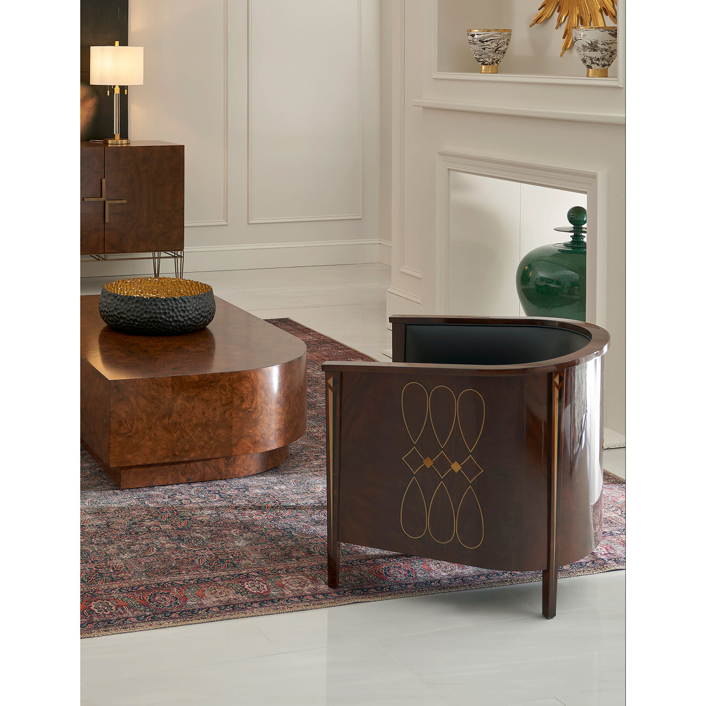 Art Deco chair in living room, wood and rug.