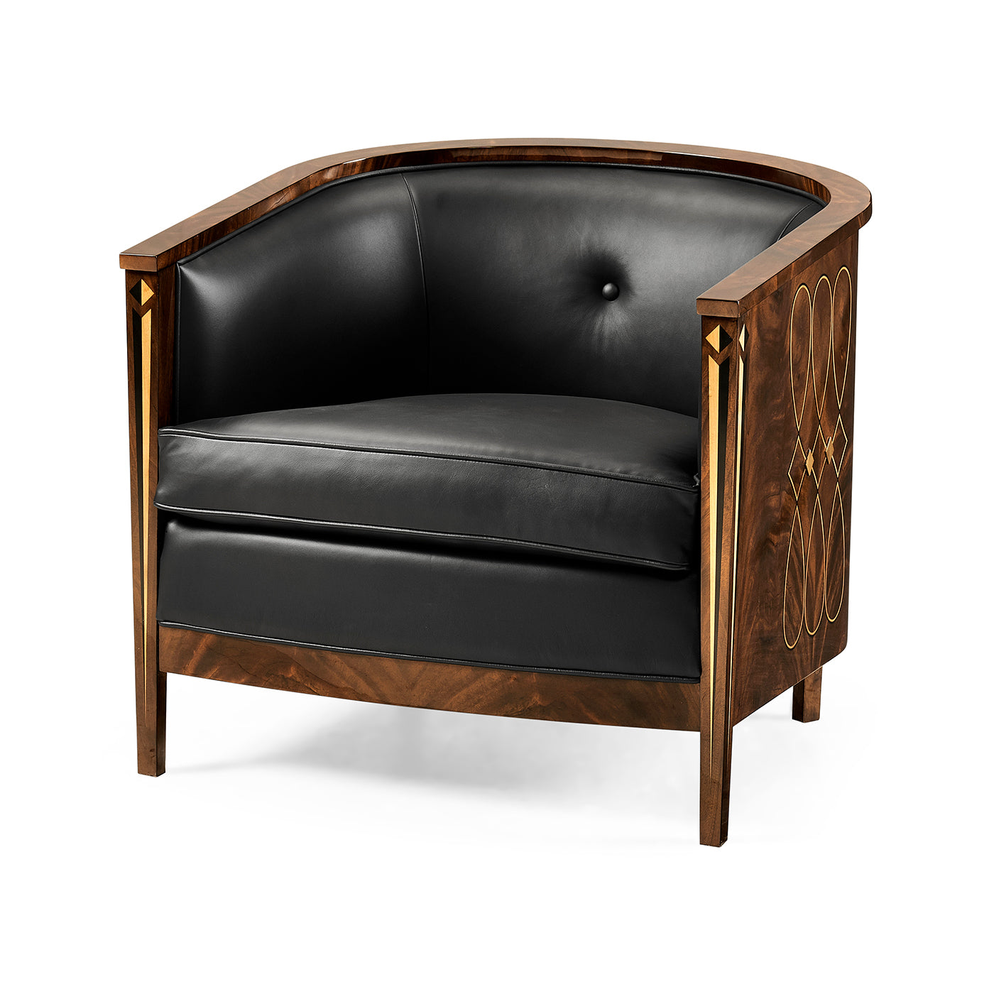 Art Deco tub chair angled front view, black seat.