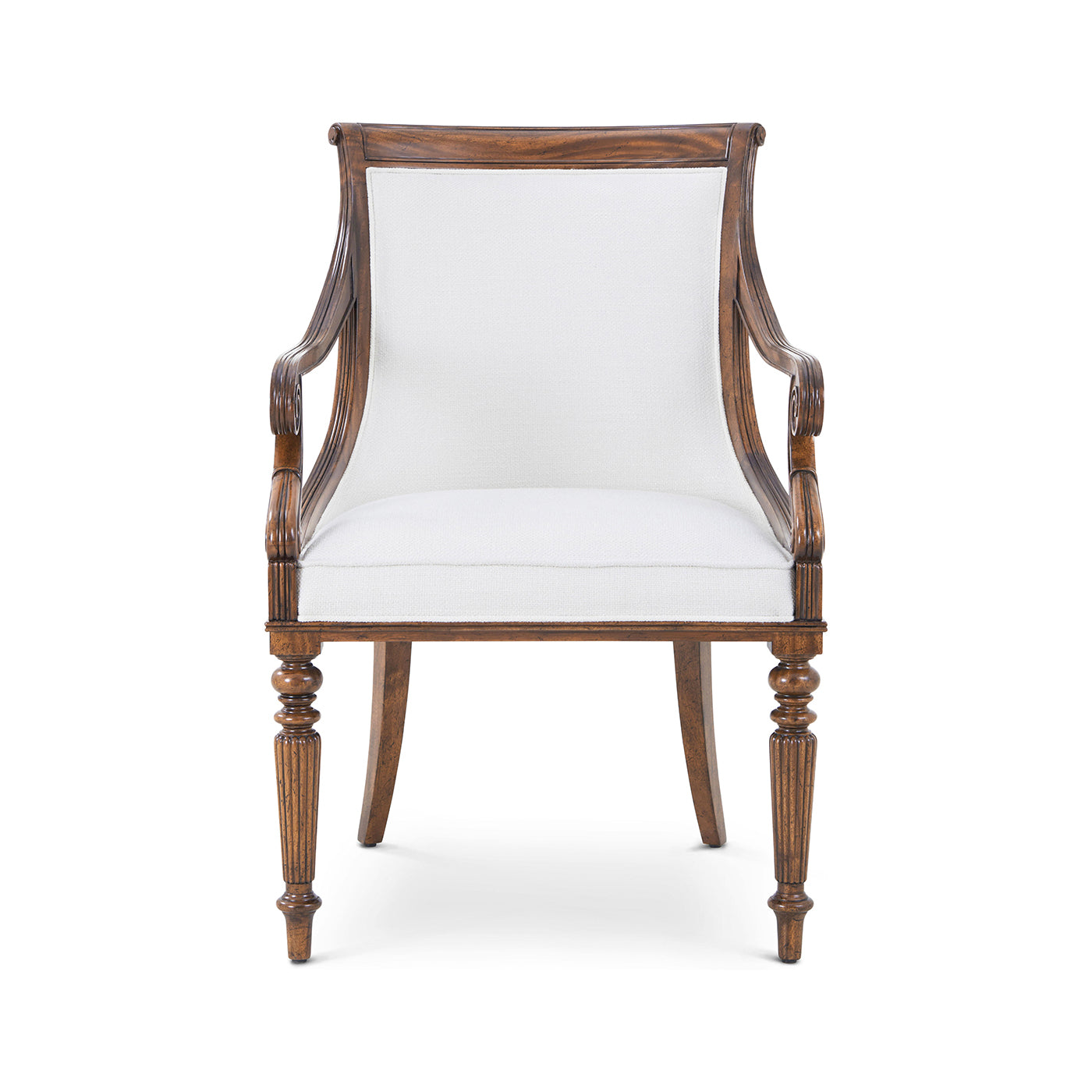 Full front view of mahogany dining armchair.