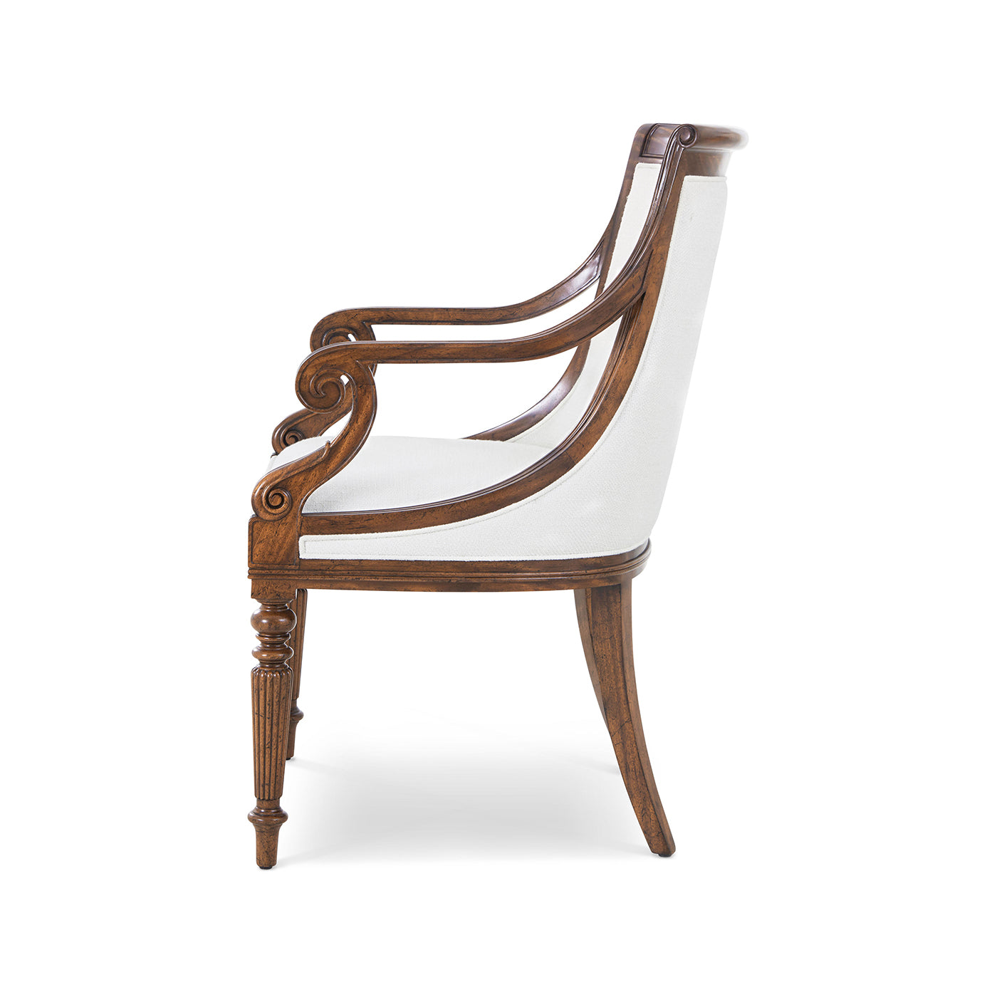 Side view showing armrest details of dining armchair.