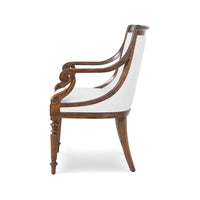 Side view showing armrest details of dining armchair.