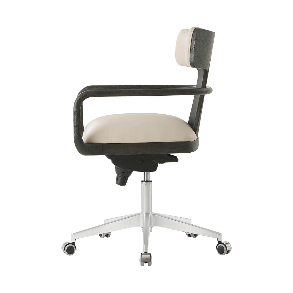 Modern desk chair, side profile, charcoal frame and beige seat