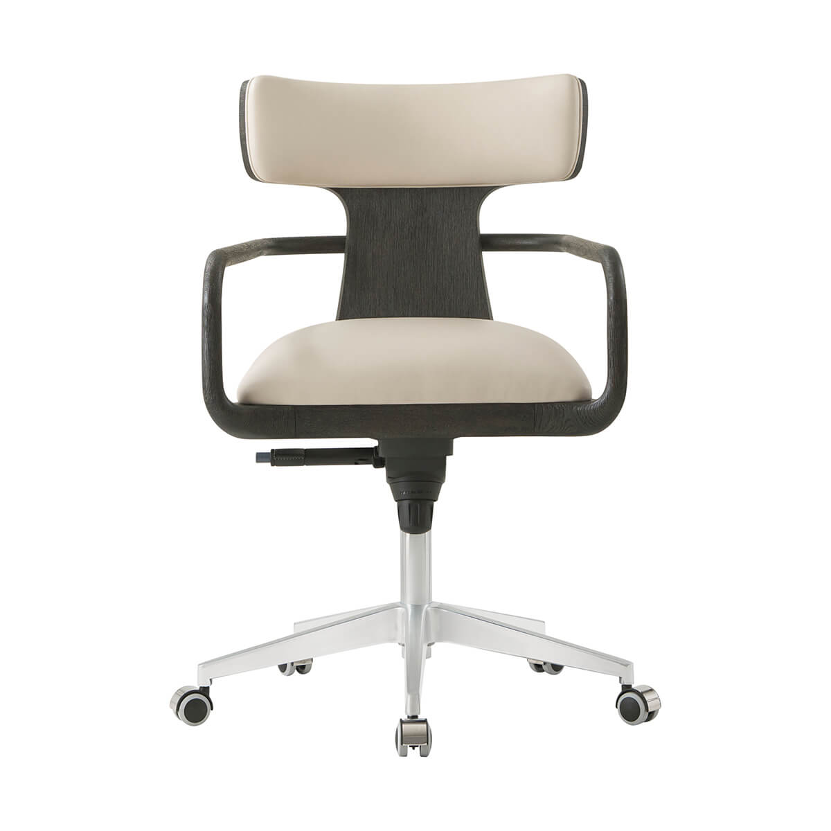 Modern desk chair, front view, beige seat and backrest