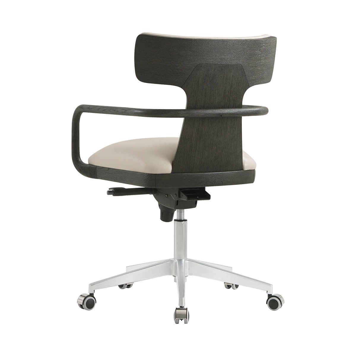 Modern desk chair, back view, charcoal finish, beige upholstery