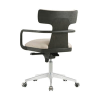 Modern desk chair, back view, charcoal finish, beige upholstery