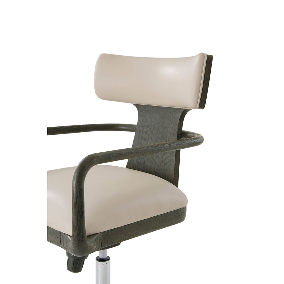 Modern desk chair, close-up, charcoal arms, beige cushioning