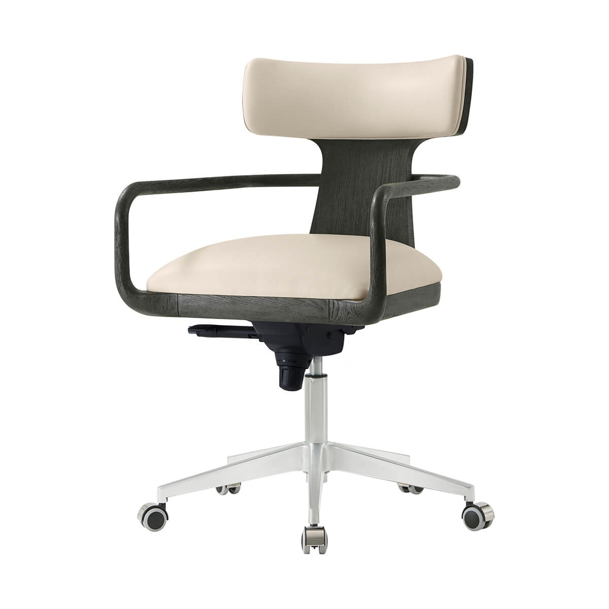 Modern desk chair, front angle, charcoal finish and beige seat
