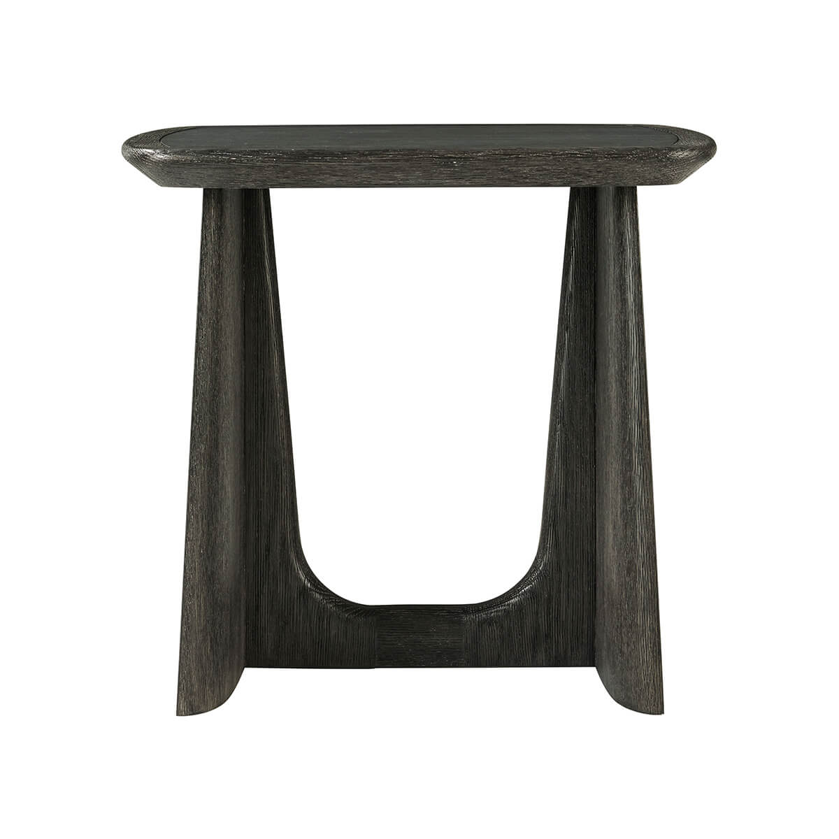 Modern side table, side profile, dark wood finish.