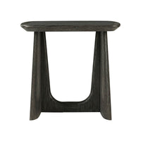 Modern side table, side profile, dark wood finish.