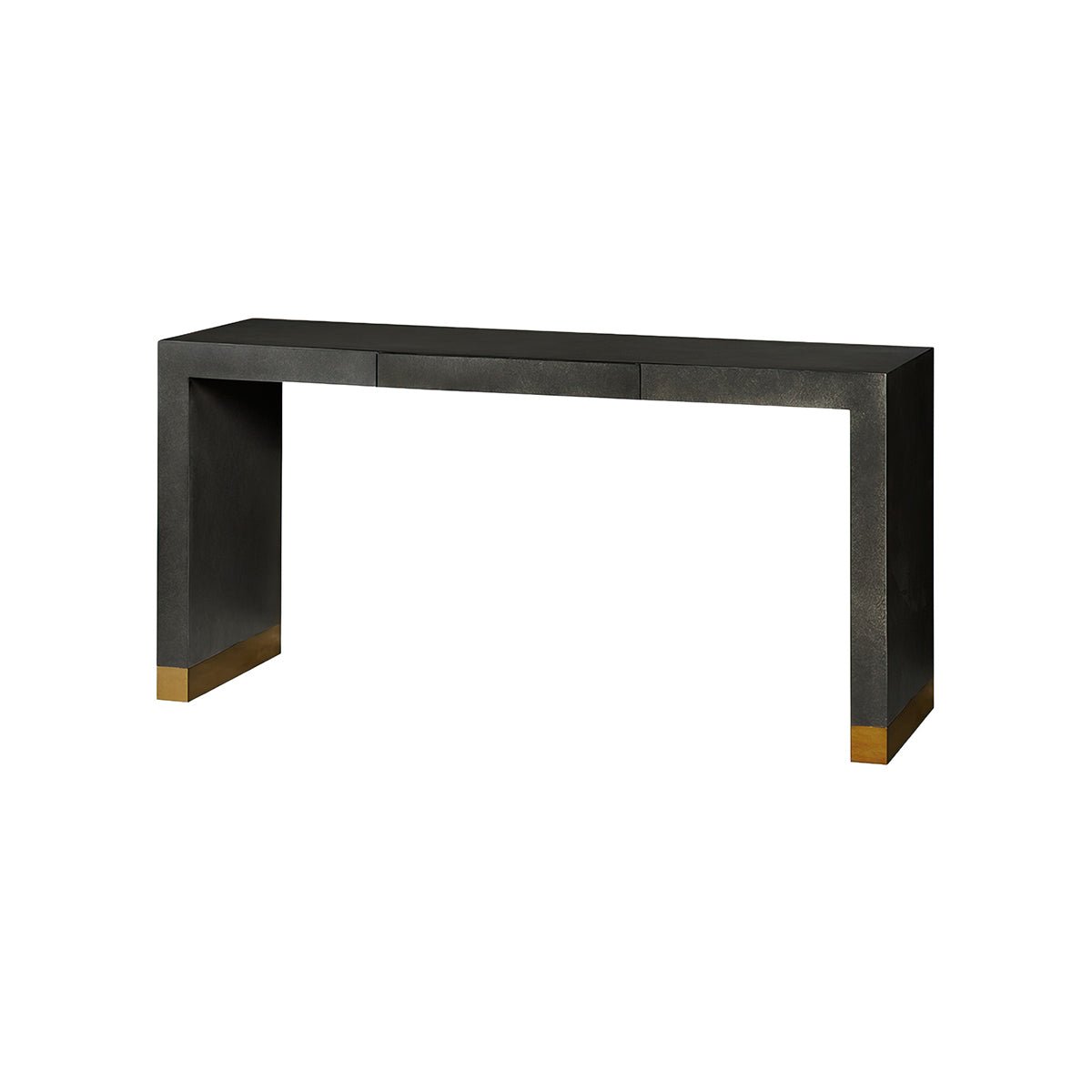 Black console table with gold accents, studio background.