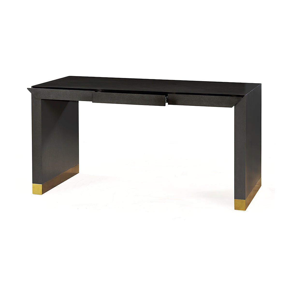 Front view of charcoal desk with drawer slightly open.