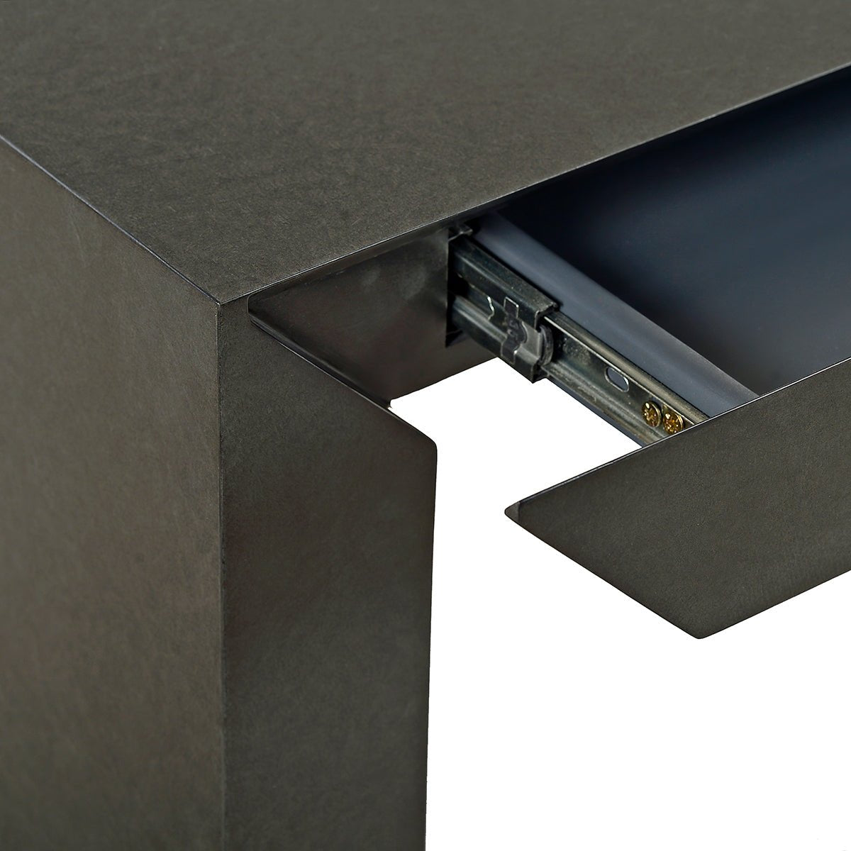 Close-up of charcoal desk drawer mechanism and glides.