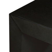 Close-up of charcoal desk corner detailing.