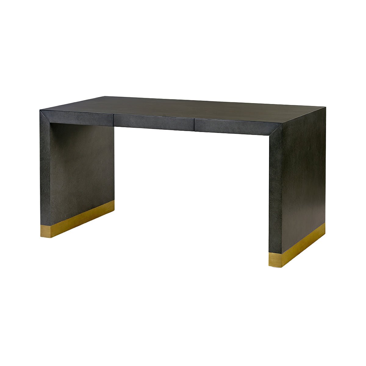 Charcoal modern waterfall desk with gold accents side view.