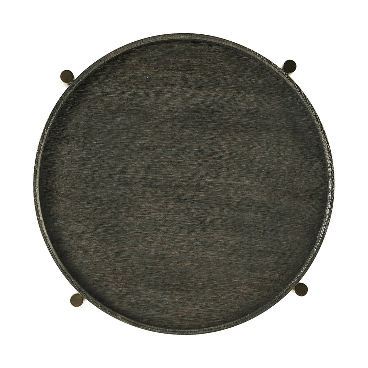 Top view of charcoal oak round side table surface.