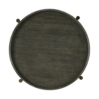 Top view of charcoal oak round side table surface.