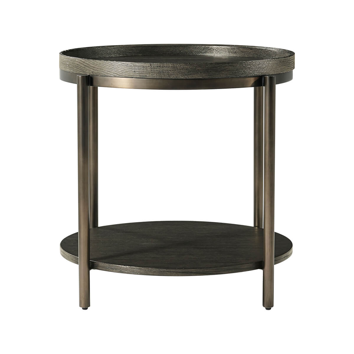Front angle of charcoal oak side table with shelf.