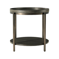 Front angle of charcoal oak side table with shelf.