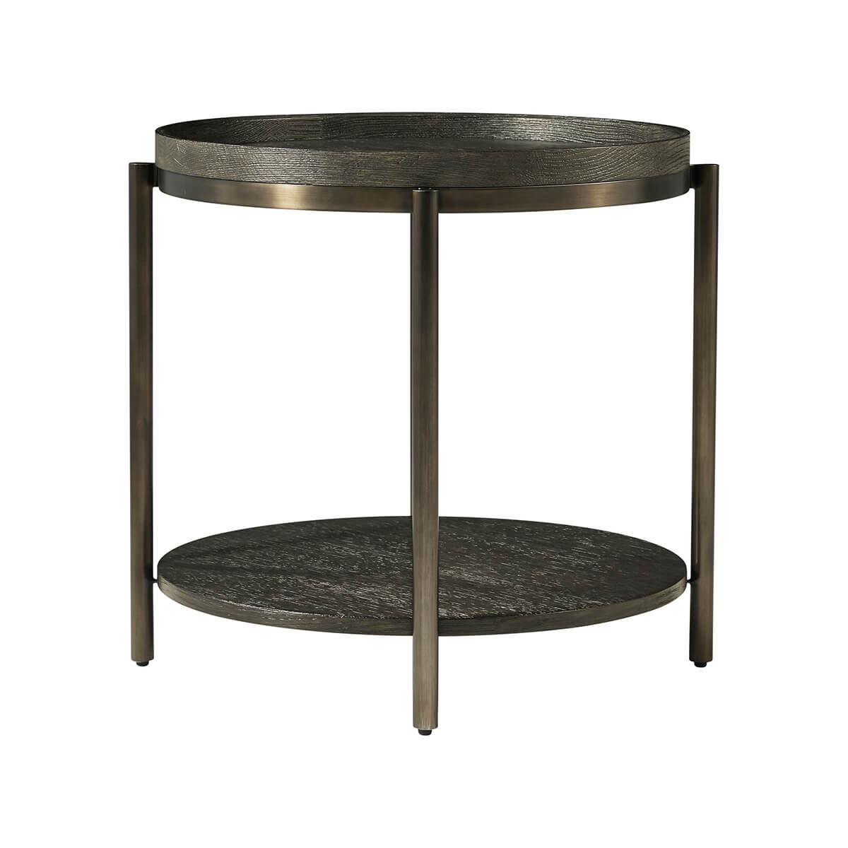 Side view of charcoal oak round side table.